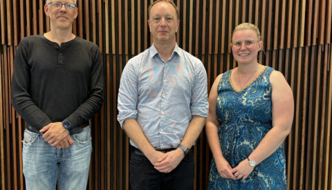 L-R ANU Prof Patrick Kluth with New Frontier Technologies Paul Compston and Dr Victoria Zinnecker