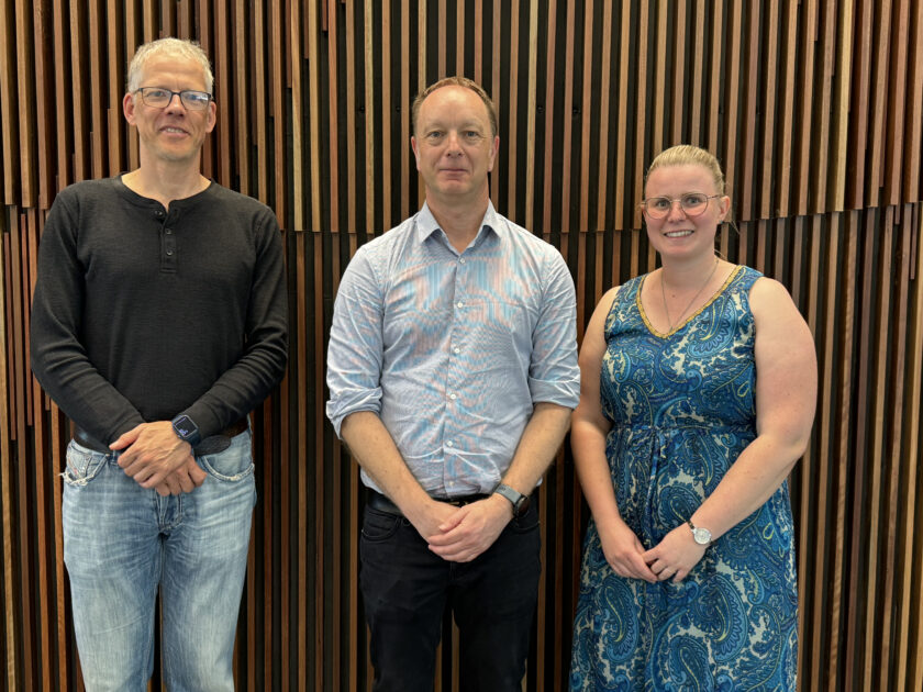 L-R ANU Prof Patrick Kluth with New Frontier Technologies Paul Compston and Dr Victoria Zinnecker